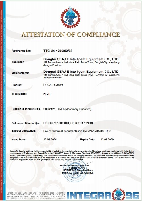 CE certificate for Geajie's dock leveler, ensuring compliance with European safety and quality standards.