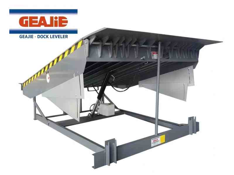 GEAJIE hydraulic flip lip dock leveler showing extended lip in raised position for zero-gap loading